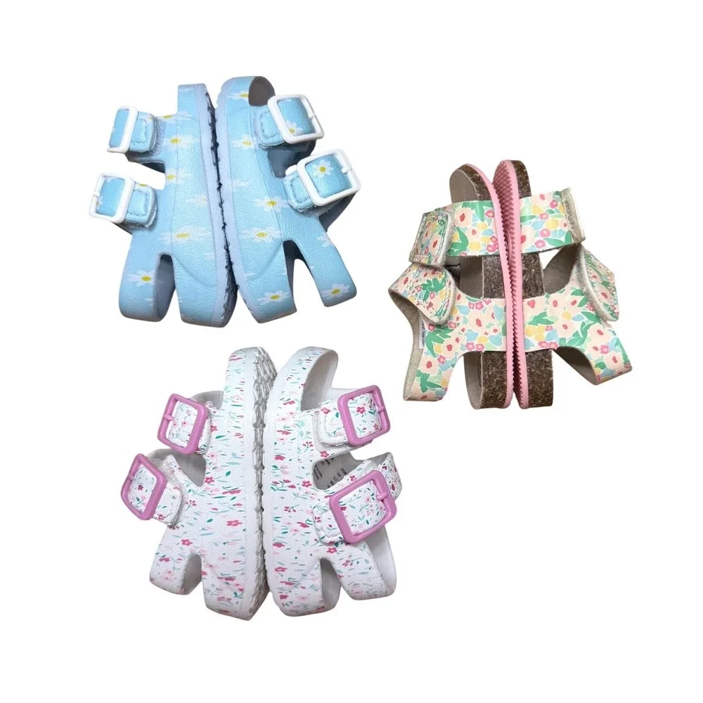 Wonder Nation‎ Infant Girls Floral Sandals Bundle 3 Pairs Size 2 Blue White Pink